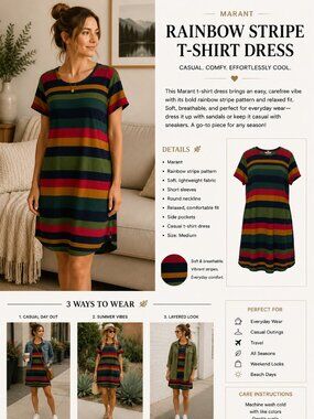 Marant T-Shirt Dress Rainbow Stripe Casual Tee SZM Weekend Lightweight